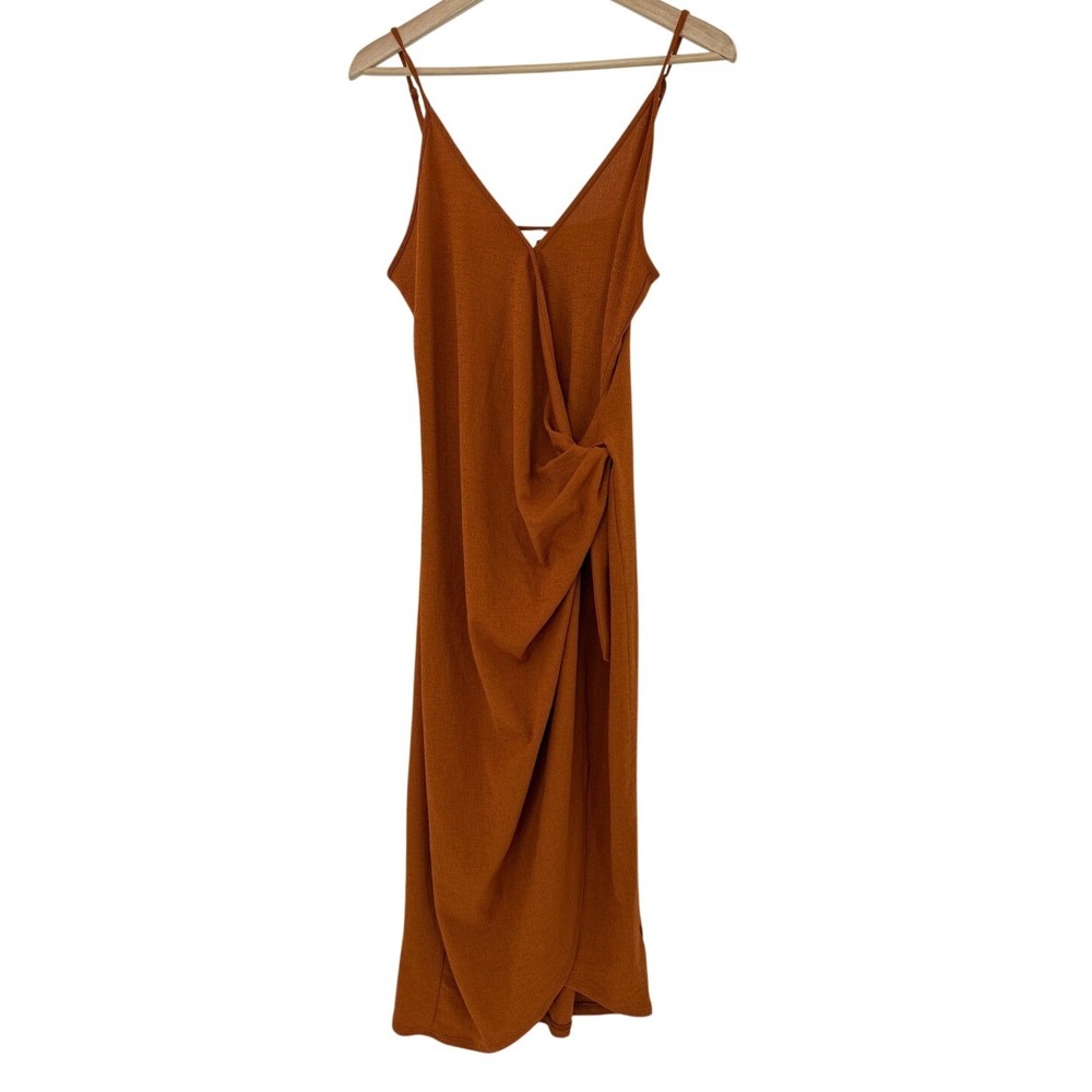 HM Burnt Orange Wrap Front Midi Dress Sleeveless V-Neck Draped Slit Large L